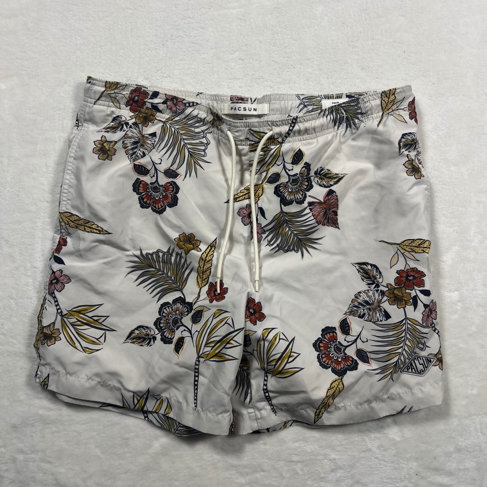 PacSun Mens Floral Tropical Swim Trunks Off White Size M Mesh Lined Board Shorts